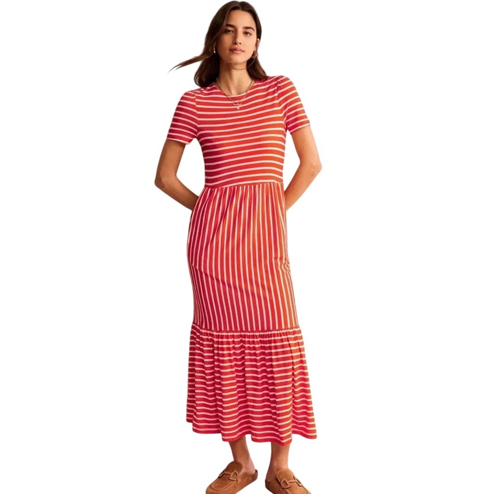Boden Emma Tiered Jersey Midi Dress Womens Size 10 Orange Striped Pockets Casual